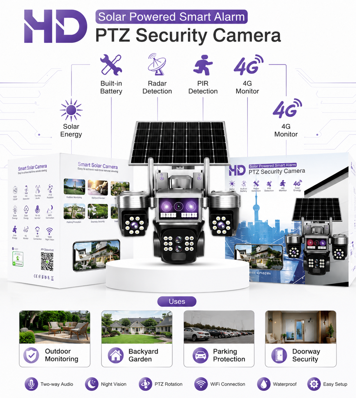 HD Solar Powered 4G PTZ Security Camera – 360° Outdoor CCTV with PIR & Radar Detection