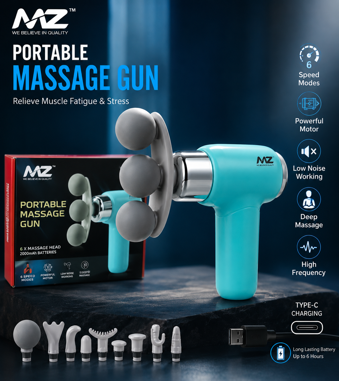 MZ Portable Massage Gun – Deep Muscle Massager | 6 Speed Modes | Rechargeable