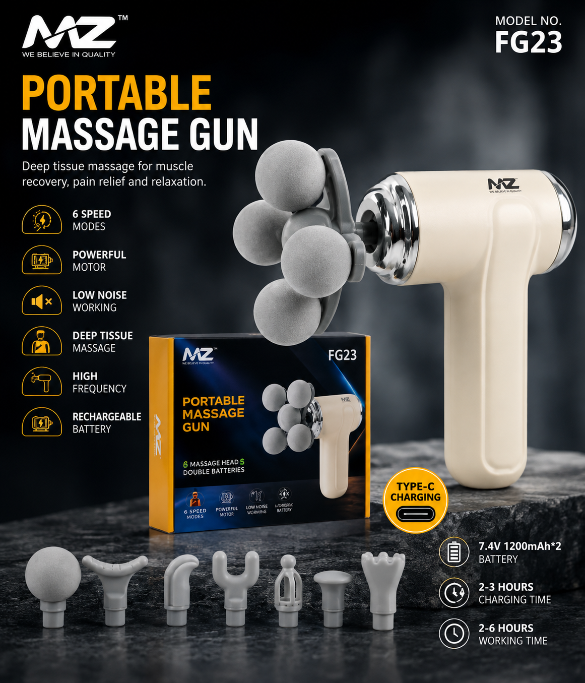 MZ FG23 Portable Massage Gun – 6-Speed Deep Tissue Muscle Massager with 6 Massage Heads