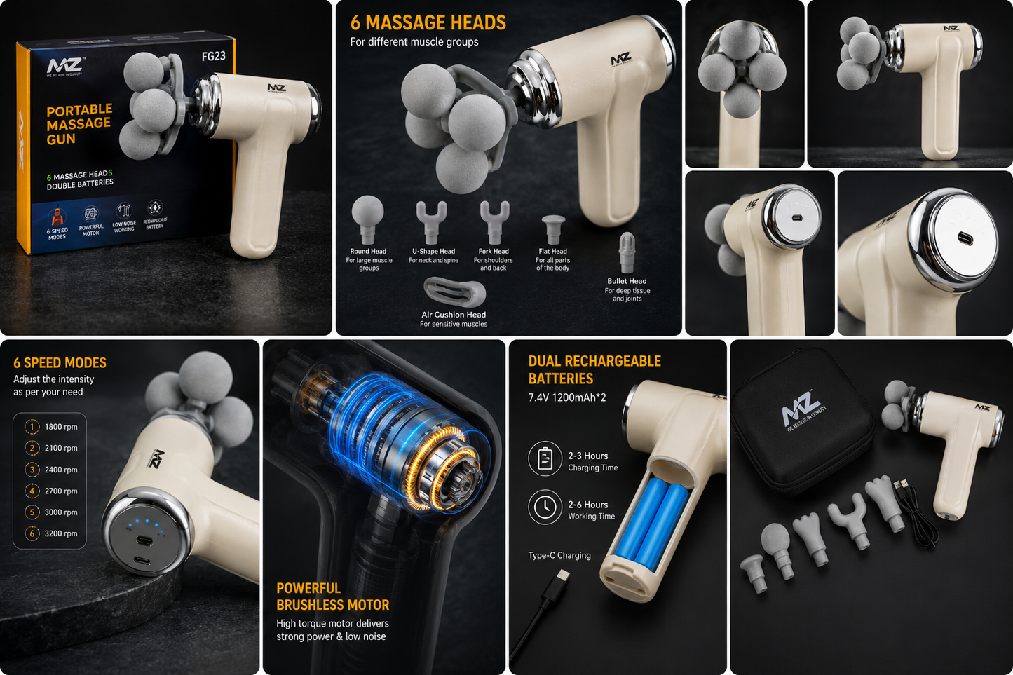 MZ FG23 Portable Massage Gun – 6-Speed Deep Tissue Muscle Massager with 6 Massage Heads