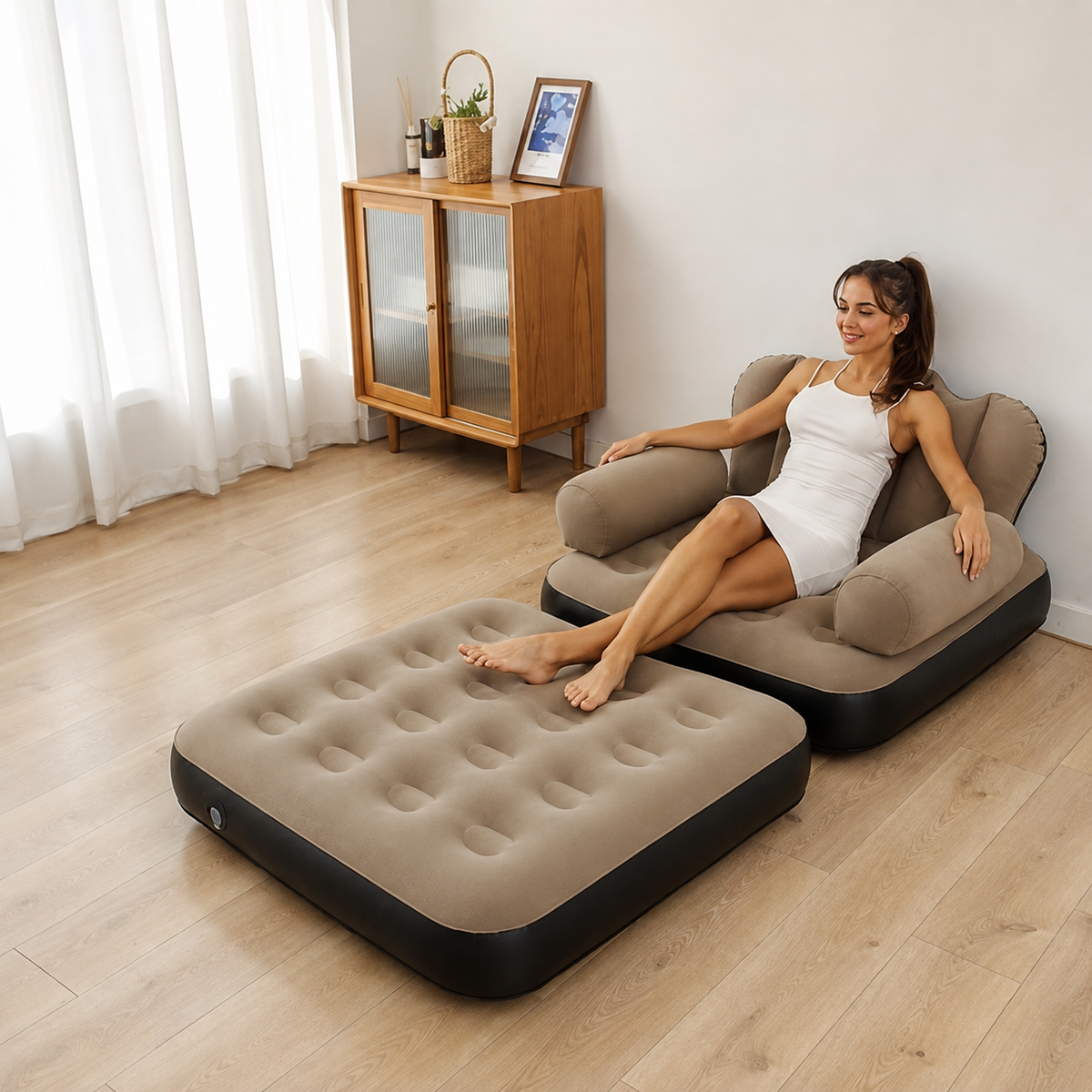 Luxury Inflatable Sofa Bed with Ottoman – 3-in-1 Convertible Air Lounge Chair for Home