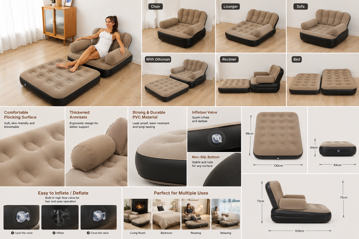 Luxury Inflatable Sofa Bed with Ottoman – 3-in-1 Convertible Air Lounge Chair for Home