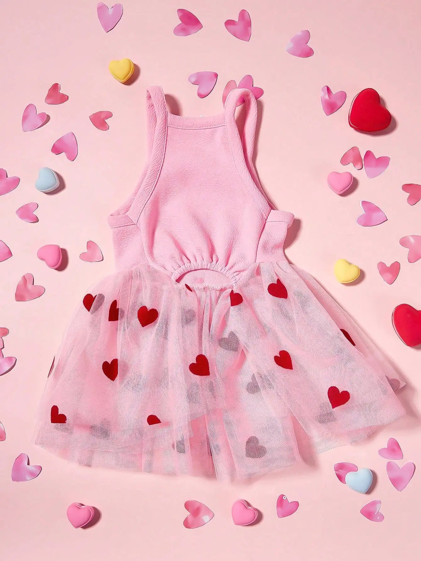 Pink Pet Dress With Red Heart Print Tulle Skirt Bow Decor For Dogs