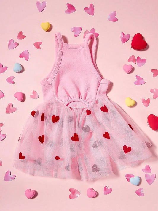Pink Pet Dress With Red Heart Print Tulle Skirt Bow Decor For Dogs