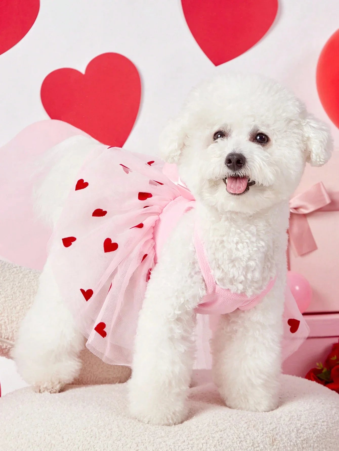 Pink Pet Dress With Red Heart Print Tulle Skirt Bow Decor For Dogs