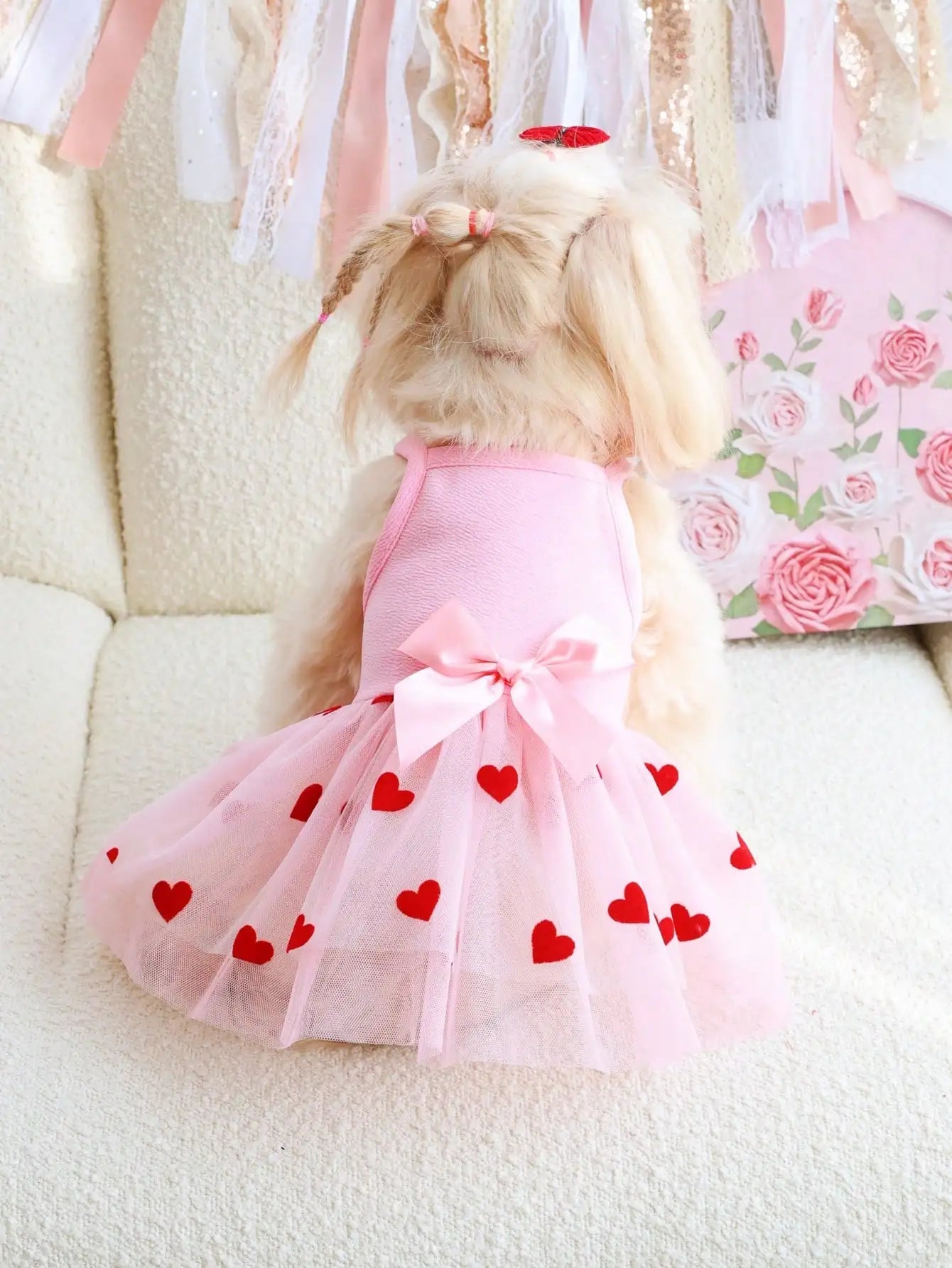 Pink Pet Dress With Red Heart Print Tulle Skirt Bow Decor For Dogs