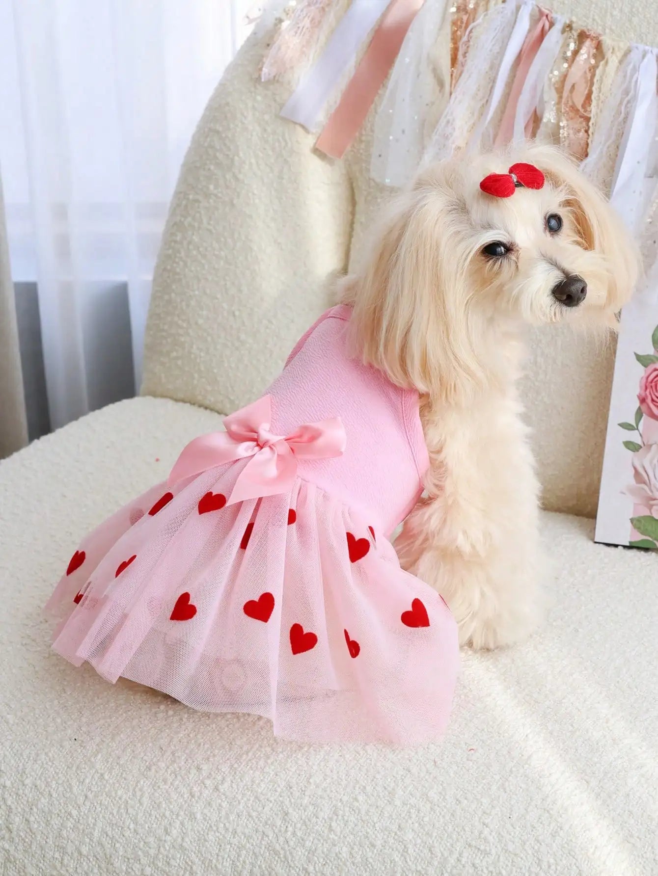 Pink Pet Dress With Red Heart Print Tulle Skirt Bow Decor For Dogs