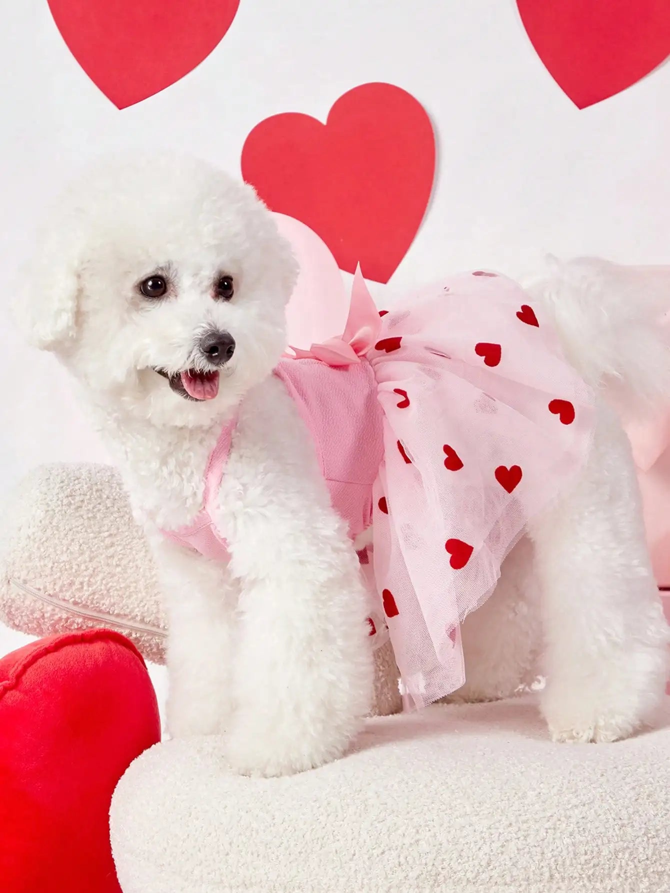 Pink Pet Dress With Red Heart Print Tulle Skirt Bow Decor For Dogs