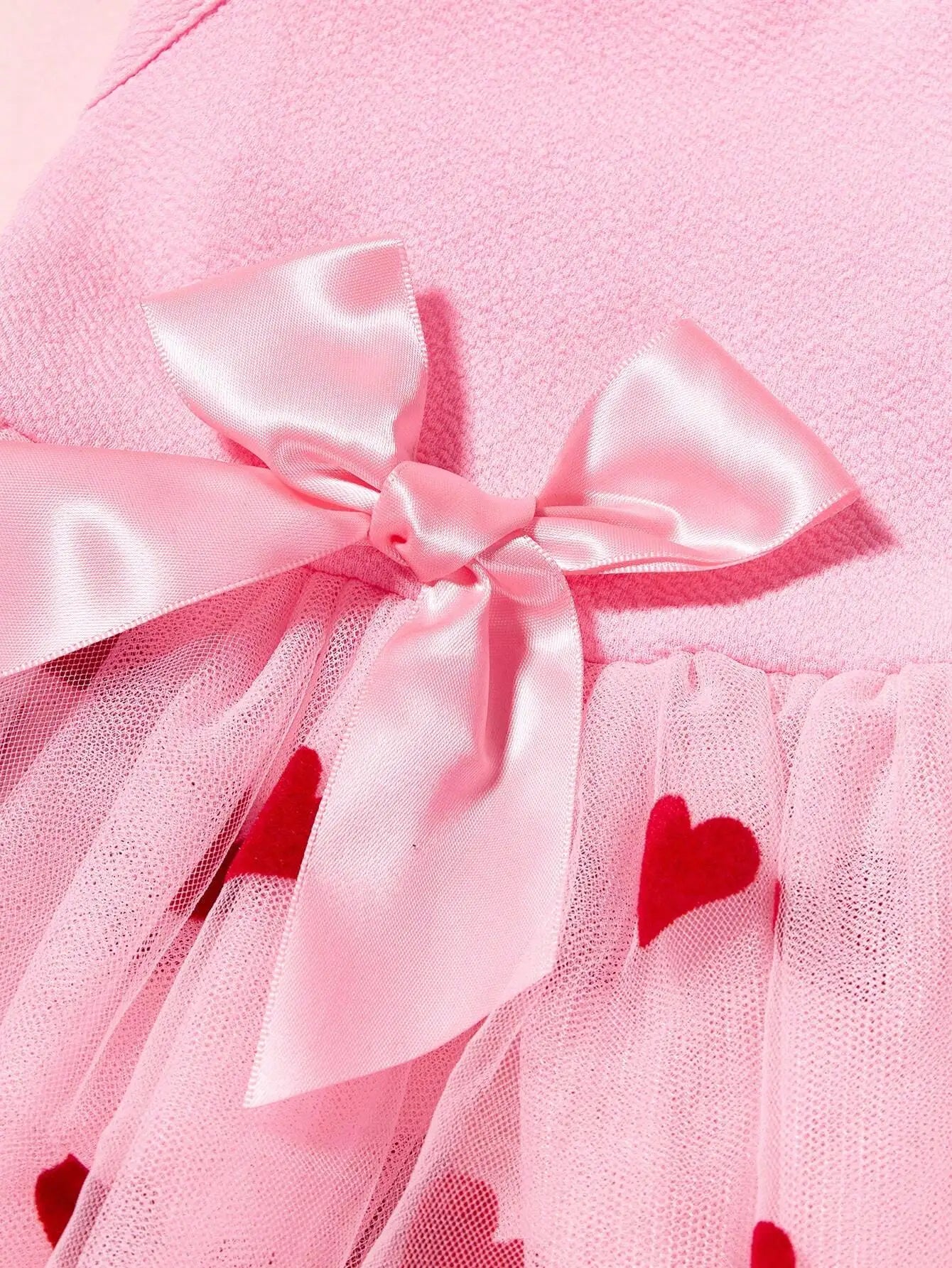 Pink Pet Dress With Red Heart Print Tulle Skirt Bow Decor For Dogs